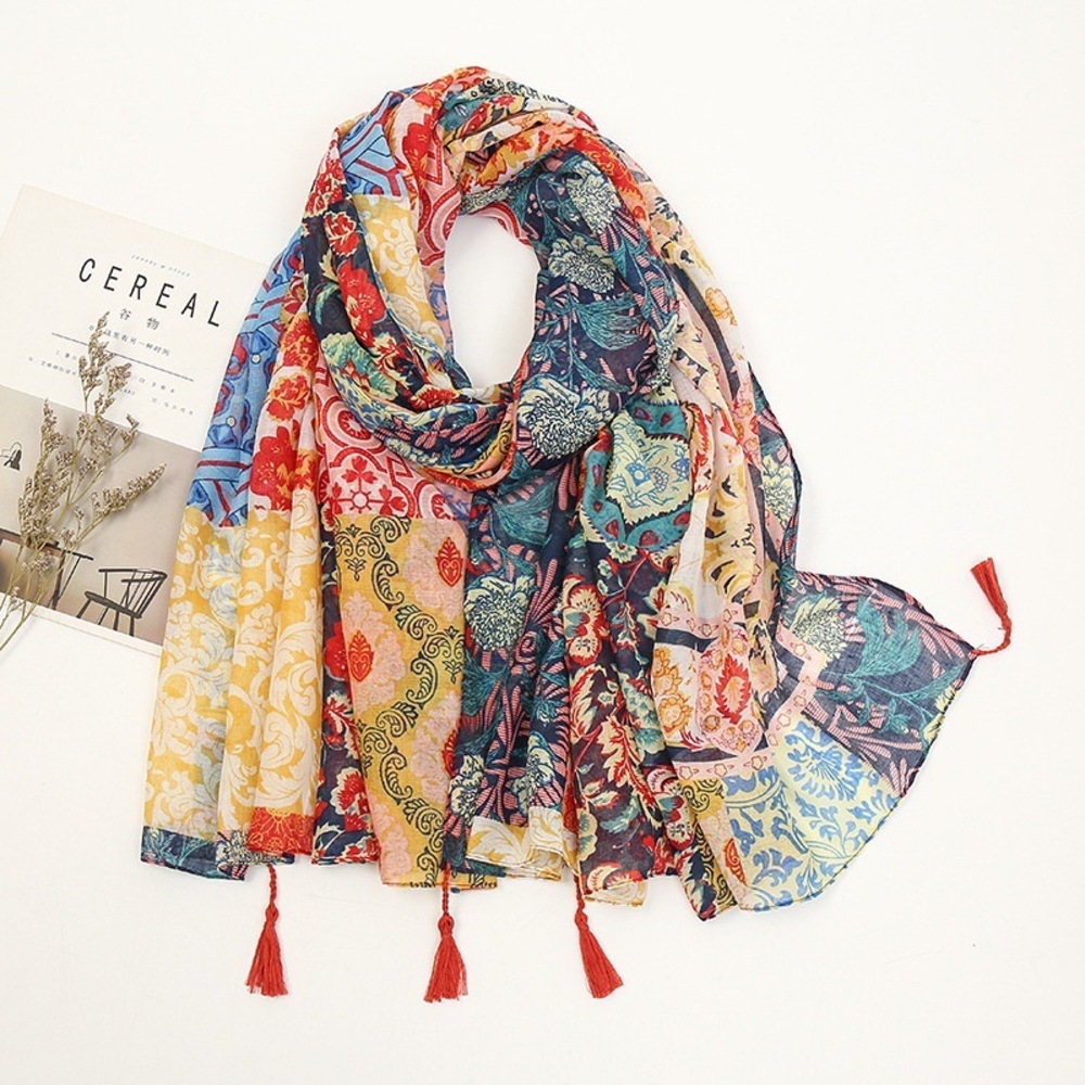 Women's scarf Bohemian Style Fashion Color Printed Tassel Scarf Dual-use Shawl